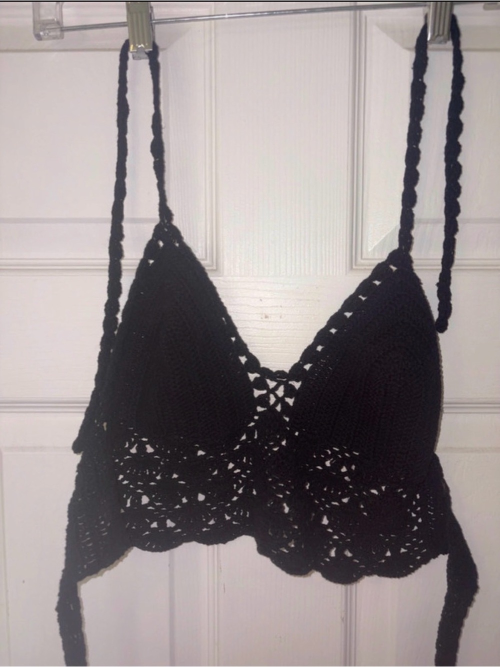 Women's black crocheted crop top 100% cotton handmade - one size fits all